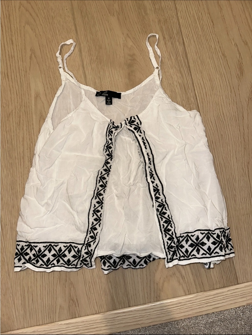 Ella Moss White Tank with Black Geometric Embroidery